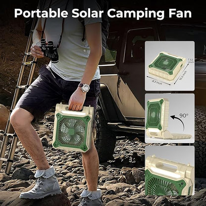 PANERGY Solar Fan with Lantern for Camping, Rechargeable Battery Powered Fan(38H cooling/48H lighting), 3-Speed, 6H Timer, 90°Folding Cordless & Portable for Outdoor Travel RV Power Outage