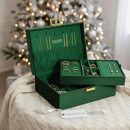Benevolence LA 2 Layer Jewelry Box for Women, Large Velvet Jewelry Organizer with Decorative Lock, Removable Jewelry Tray, Earrings, Bracelets, Rings and Necklace Storage Box - Emerald