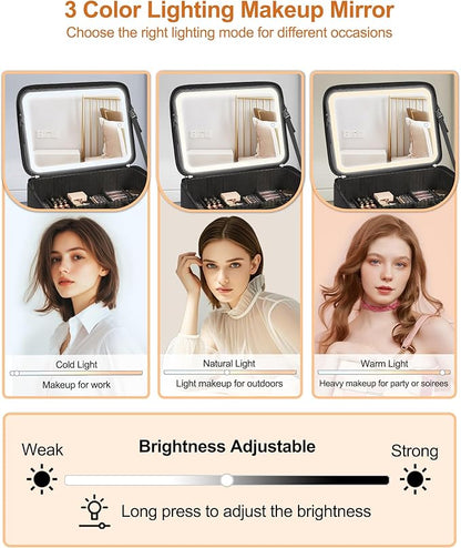 Relavel Extra Large Cosmetic Bag with LED Mirror, Train Makeup Case with Adjustable Dividers and 4 Removable Pouches, Hair Supplies Organizer, Portable Cosmetic Organizer Bag for Makeup Artists