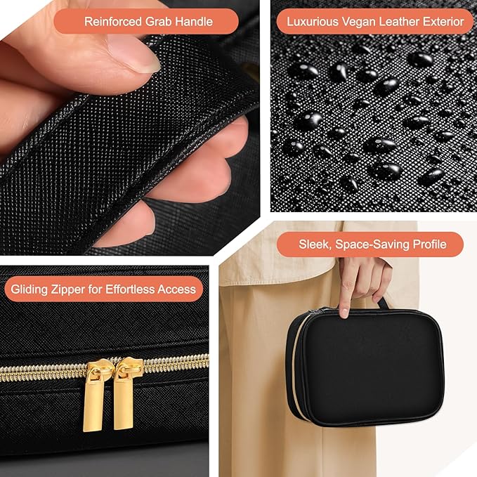 Travel Jewelry Organizer - Imitation Leather Travel Jewelry Case with Adjustable Pages, Jewelry Bag for Earrings,Rings,Necklaces,Bracelets-Perfect,Waterproof, Ideal for Trips & Gifts (Black)