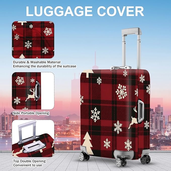 ANNA QUEEN Christmas Plaid Luggage Cover, Red and Black Check Suitcase Protector with Snowflake and Tree Pattern, Stretchable Washable Travel Sleeve for 32-34 Inch Luggage