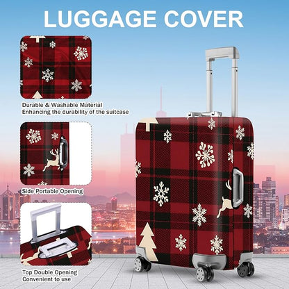 ANNA QUEEN Christmas Plaid Luggage Cover, Red and Black Check Suitcase Protector with Snowflake and Tree Pattern, Stretchable Washable Travel Sleeve for 24-26 Inch Luggage
