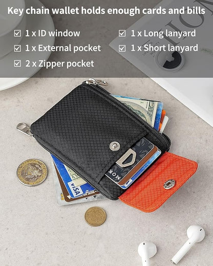 Minimalist Wallet For Mens Womens, Keychain RFID Blocking Zipper Small Wallet with ID Window 2 Lanyards,Water Resistant Travel Cash Card Coin Case Boys Girls