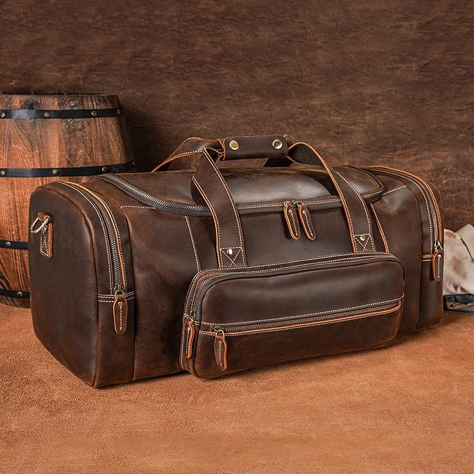 Polare 23" Full Grain Cowhide Leather Gym Duffle Weekender Overnight Travel Duffel Bag For Men