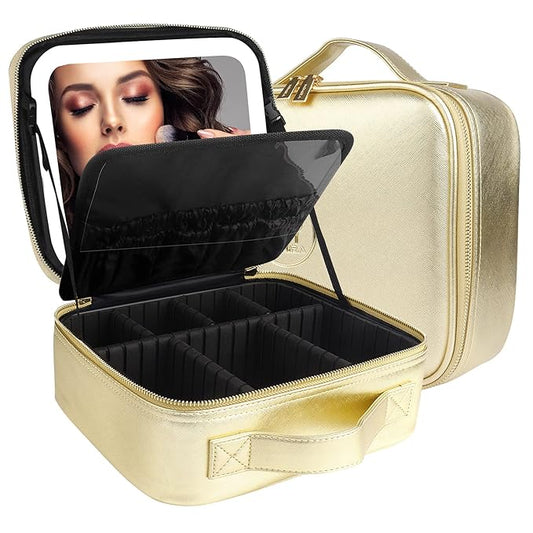 MOMIRA Travel Makeup Bag Cosmetic Bag Makeup Organizer Bag with Lighted Mirror, Adjustable Brightness in 3 Color Scenarios, Waterproof Makeup Train Case, Gift for Women - Golden