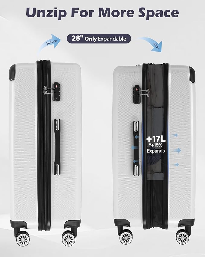 Coolife Luggage Expandable(only 28") Suitcase PC+ABS Spinner 20in 24in 28in Carry on (white grid new, L(28in))