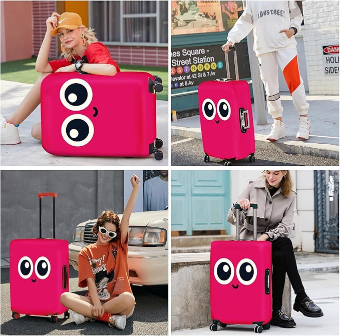 ANNA QUEEN Cute Smiley Face Luggage Cover, Pink Cartoon Suitcase Protector with Big Eyes Design, Stretchable, Washable Travel Cover for 20-22 Inch Luggage