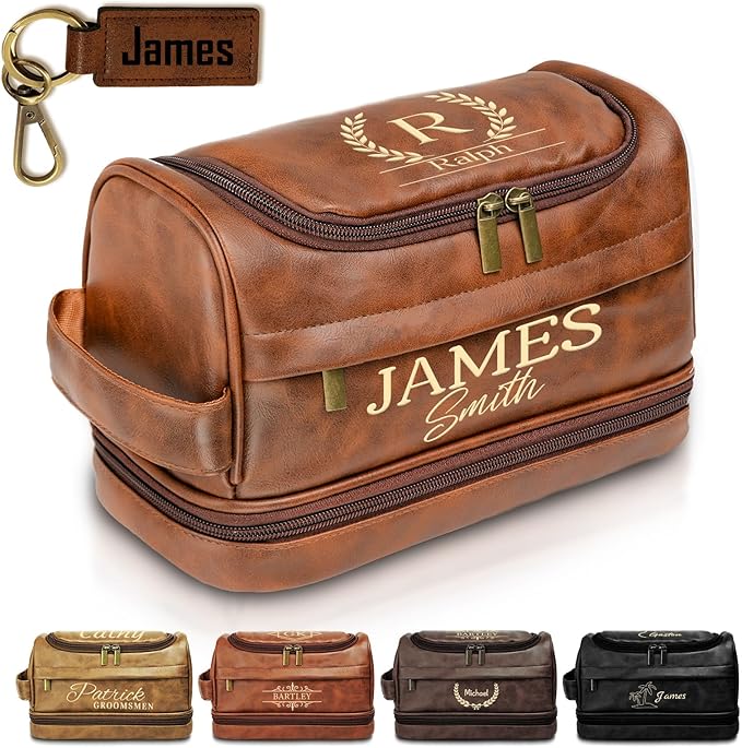 Personalized Toiletry Bag for Men Him, Gifts for Men, Custom Leather Travel Bag Shave Kit, Engraved Pattern Text, Ideal Christmas Gift for Dad, Birthday, Boyfriend, Anniversary, Husband, Son