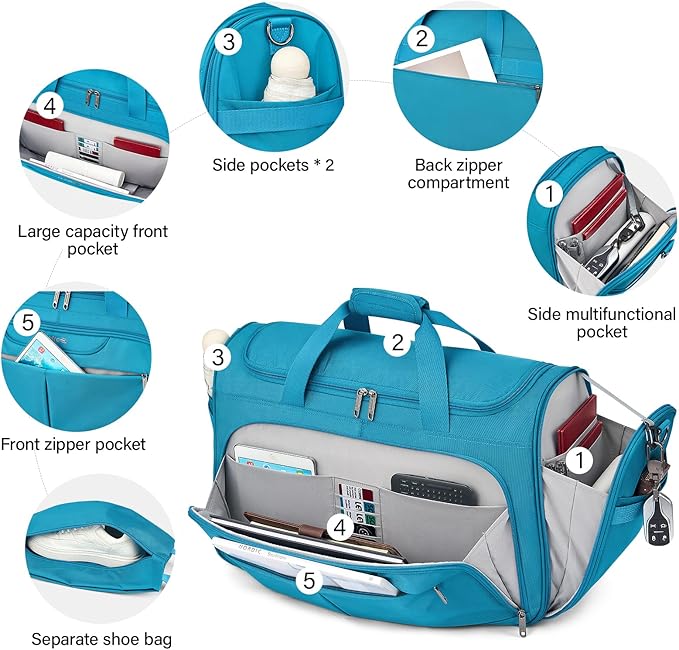 Hanke Carry On luggage Bags for Travel, Large Foldable Duffle Bag for Travel, Softside Lightweight Travel Bag Carry On Bags for Airplanes Women, Travel Tote Bags for Women Men.(Caribbean Blue)