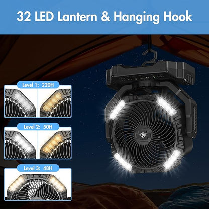 40000mAh Battery Powered Camping Fan - 136H Max Cooling, Rechargeable Battery Operated Oscillating Floor Fan with Charger, Remote & Hook, Portable for Tent Outdoor Patio Garage Hurricane Power Outage