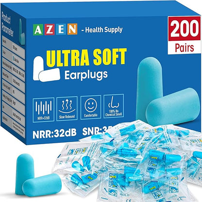 AZEN 200 Pairs Ear Plugs, NRR 32dB Soft Foam Ear Plugs for Sleeping Noise Cancelling, Earplugs for Concerts Shooting Swimming Noise Reduction (Lake Blue)