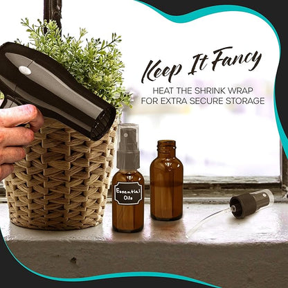 Nevlers Amber Glass Spray Bottles Small 1 Oz 48 PK | Mini Spray Bottle Set w/Amber Bottles, Shrink Wrap, Labels, Marker, Funnel & Brush | Travel Size Mist Bottle For Use as Oil Mister & Hair Mister