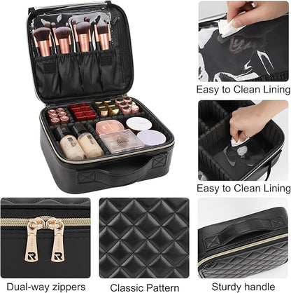 Relavel Makeup Bag, Travel Cosmetic Train Case Organizer Portable Artist Storage Bag with Adjustable Dividers for Cosmetics Makeup Brushes Toiletry Jewelry Digital Accessories Quilted Leather Black