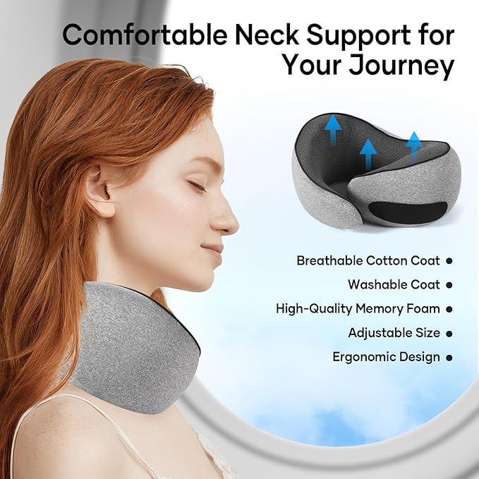 NOCRLG Travel Pillow, Travel Neck Pillow for Airplanes Car, 100% Pure Memory Foam Travel Pillow, Sleeping Essentials for Long Flight 360° Head Support Degree Comfort and Breathability