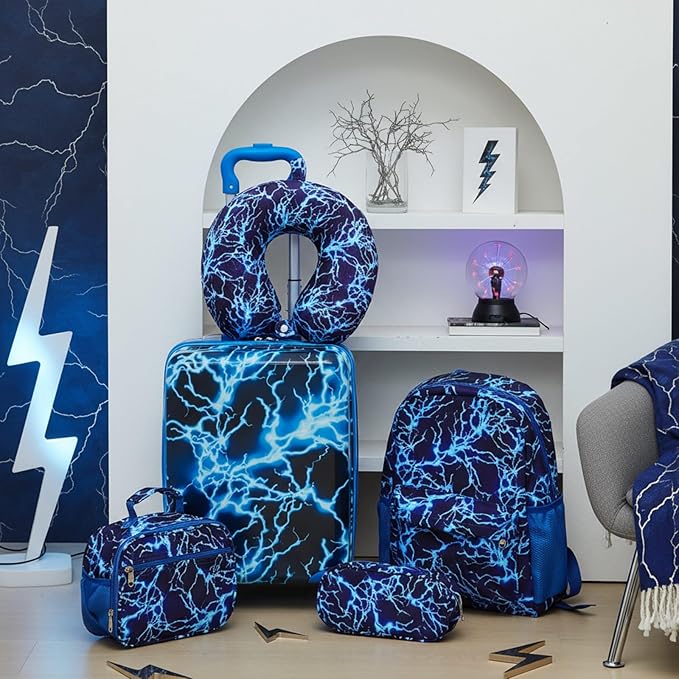 Redbaker 6 Pcs Kids Luggage Set 17 Inch Kids Rolling Luggage Double Pattern Suitcase for Girls Boys School Gift (Blue,17 Inch,Lightning Style)