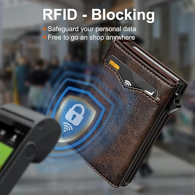 Wallet for Men,with Cash Pocket 2 ID Window 9-13 Cards,Metal Case Smart Slim Pop Up Credit Card Holder Flip with Magnetic Closure RFID Blocking Trifold wallet with Gift Box