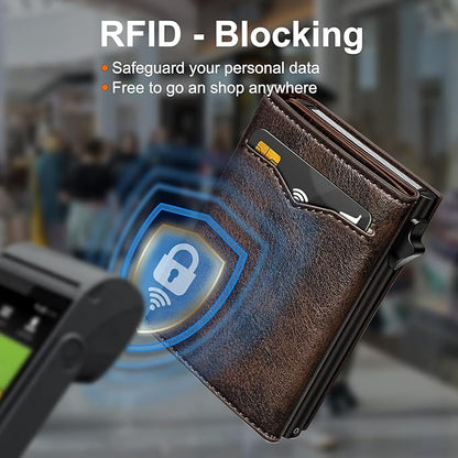 Wallet for Men,with Cash Pocket 2 ID Window 9-13 Cards,Metal Case Smart Slim Pop Up Credit Card Holder Flip with Magnetic Closure RFID Blocking Trifold wallet with Gift Box