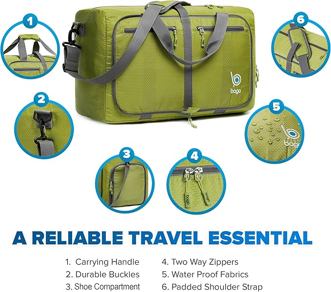 Bago Foldable Duffel Bags for Traveling Women & Men - 40L Sports Packable Duffle Bag for Travel with Shoe Compartment - Water Repellant, Heavy Duty, Lightweight Folding & Collapsible (Green)