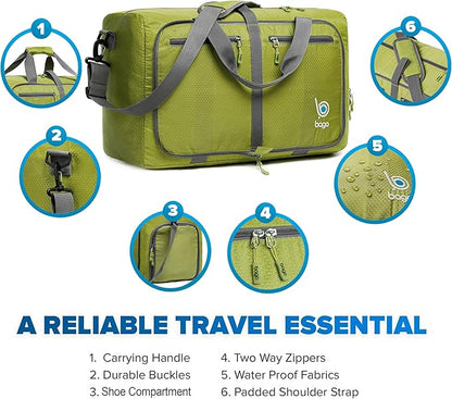 Bago Foldable Duffel Bags for Traveling Women & Men - 40L Sports Packable Duffle Bag for Travel with Shoe Compartment - Water Repellant, Heavy Duty, Lightweight Folding & Collapsible (Green)