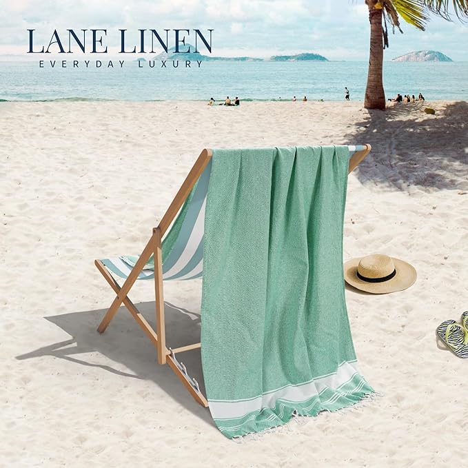 LANE LINEN Turkish Beach Towels, 2 Pack Extra Large Beach Towel, Pre-Washed for Soft Feel, Oversized Sand Free Quick-Dry Pool Towel, Beach Towels for Adults,39"x71" - Jade Green
