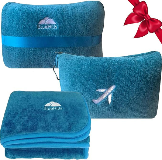 BlueHills Travel Blanket Pillow in Mini Soft Case Premium Plush Airplane Blanket in Soft Bag Compact Pack with Luggage Belt and Backpack Clip Airline Car 2 in 1 Traveler Essentials - Teal Blue M03