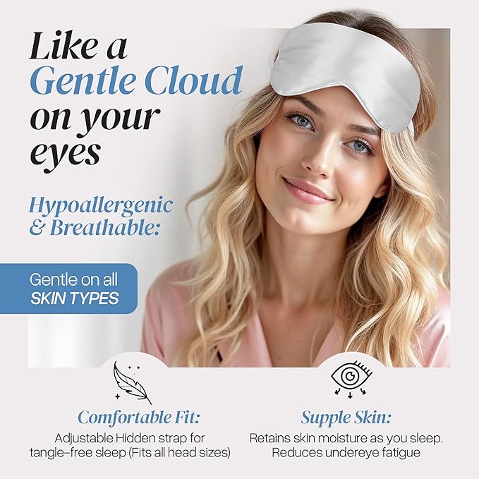 Adjustable Silk Sleep Mask Eye Covers | 100% Pure 6A Mulberry Silk | Blackout & Hypoallergenic | Concealed Strap for Women & Men | for Sleeping & Travel (Ivory White)