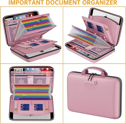 DocSafe Fireproof File Organizer with Lock, Hard-Shell Case Fireproof Document Box with 13 Pocket Accordion File Folder, Portable Home Office Travel Safe Storage for Important Documents Laptop Pink
