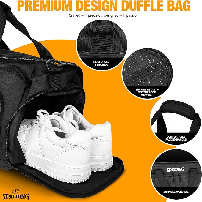 Spalding Duffle Bag Gym Bag for Men and Women | Large Black Duffel with Shoe and Wet Compartment | Use for Sport Gear and Accessories | Waterproof Bags for Sports Fitness Workout Travel