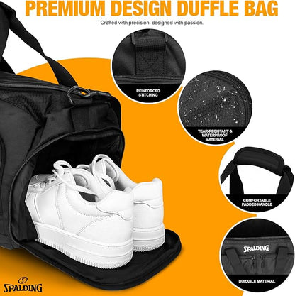 Spalding Duffle Bag Gym Bag for Men and Women | Large Black Duffel with Shoe and Wet Compartment | Use for Sport Gear and Accessories | Waterproof Bags for Sports Fitness Workout Travel