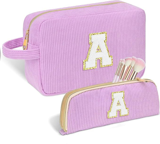 Personalized Initial Makeup Bag Trendy Stuff Corduroy Cosmetic Bag Travel Toiletry Bag for Women, Christmas/Thanksgiving/Halloween Gifts Makeup Organizer Case for Teen Girls Mom Girlfriend Wife.