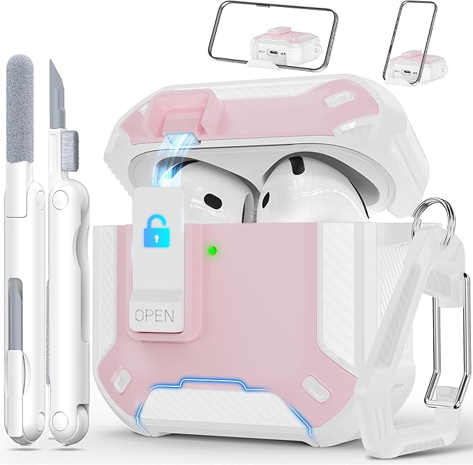 RFUNGUANGO Compatible AirPods 4th Generation Protective Case with Phone Holder and Compatible Back Magnetic Suction Function, Suitable for AirPods 4th Case-White + Pink