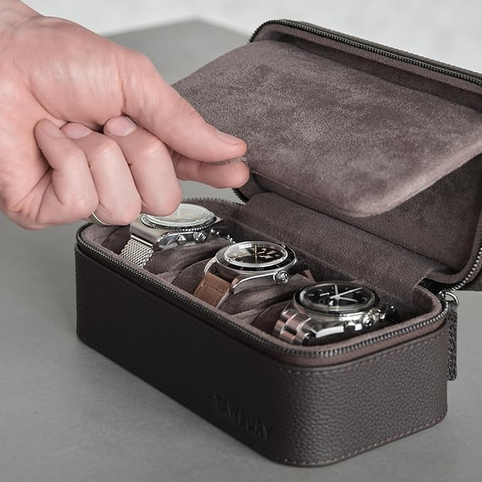 TAWBURY Watch Case - 3 Slot Genuine Top-Grain Leather Watch Travel Case for Men & Women with Metal Zipper and Extra Wide Pillows for Large Watches (Brown)