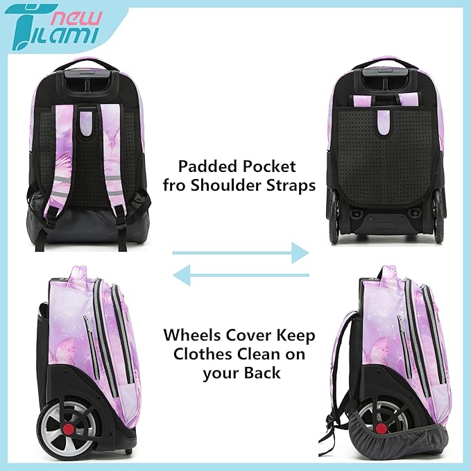 NEW TILAMI 19 Inch Rolling Backpack with Lunch Bag for Girls Boys Wheeled Laptop Backpack Durable Carry-on Bag School Travel, Evening Butterfly