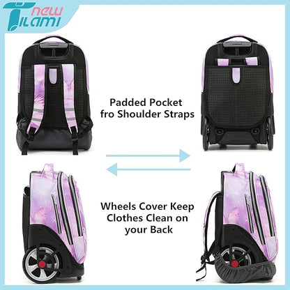 NEW TILAMI 19 Inch Rolling Backpack with Lunch Bag for Girls Boys Wheeled Laptop Backpack Durable Carry-on Bag School Travel, Evening Butterfly