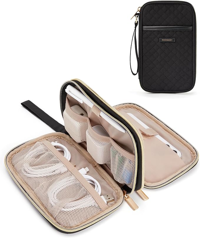 BAGSMART Electronic Cord Cable Organizer Travel Bag Case, Double Layers Tech Electronic Bag, Essentials for Charger, Cable, Phone, Flash drive, Black