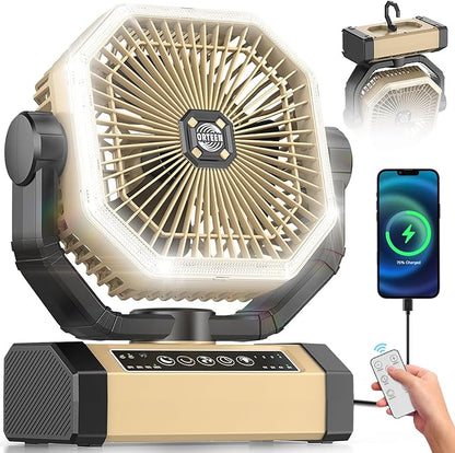 Camping Fan Rechargeable - 9-Inch Battery Powered Fan, 20000mAh(60Hrs) Battery Operated for Camping, Auto Oscillation Cordless, Tent Fan with Remote/Light, 4 Speeds, 4 Timing, Outdoor