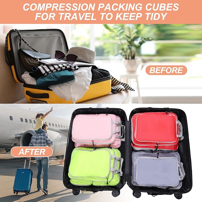 PATIKIL Compression Packing Cube for Travel, 3 Set Waterproof Nylon Luggage Organizer Bags Lightweight Compression Cube for Outdoor Suitcases Backpack, Pink