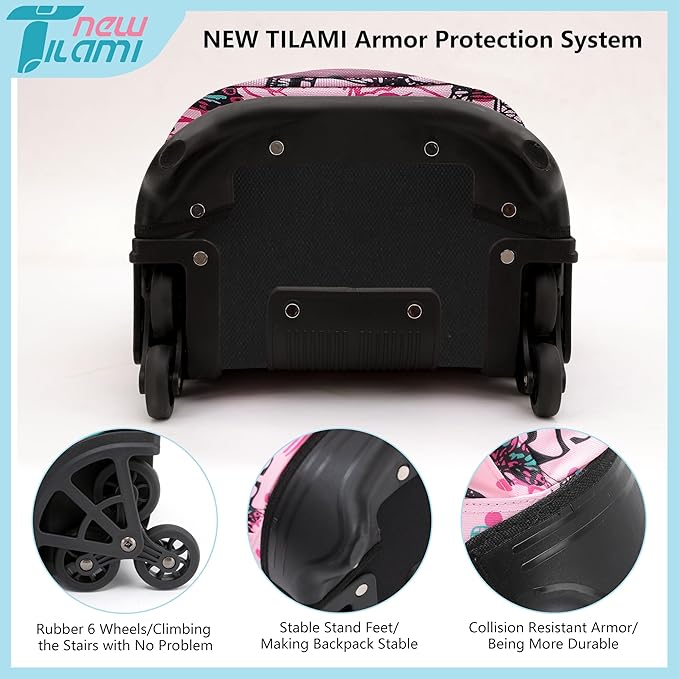 NEW TILAMI 18 Inch Rolling Backpack with Wheels for Girls Boys Kids Laptop Backpack School Travel, Pink Paris