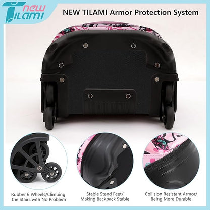 NEW TILAMI 18 Inch Rolling Backpack with Wheels for Girls Boys Kids Laptop Backpack School Travel, Pink Paris