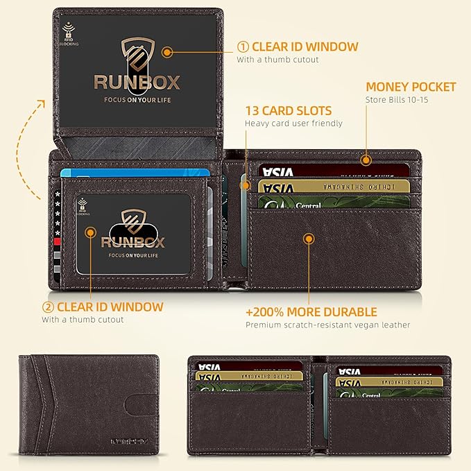 RUNBOX Wallet for Men Slim Rfid Leather 2 ID Window With Gift Box