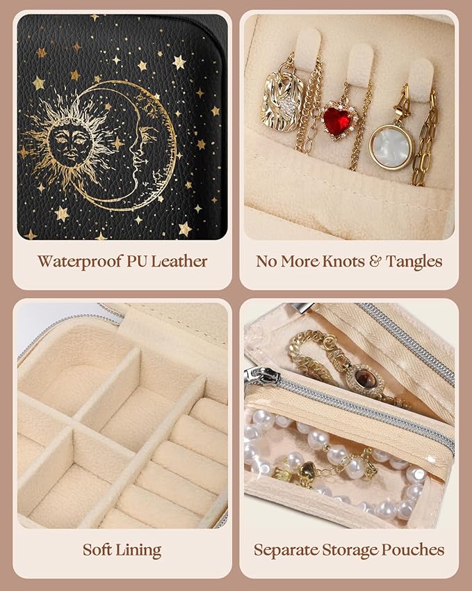 Bistup Travel Jewelry Case - Small Jewelry Organizers and Storage Box for Women Girls Teens Cute Traveling Jewelry Holder with Mirror Little Tiny Compact Modern Unique Aesthetic Pretty, Sun and Moon