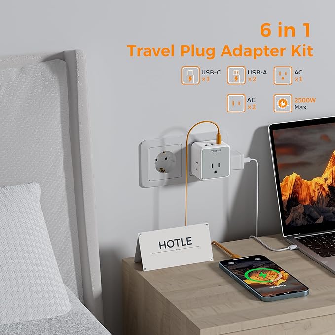 TESSAN Universal Travel Adapter Kit, 6-in-1 International Power Adapter with 3 USB (1 USB C) and 3 AC Outlets, Wordwide Adaptor Supports Type C, G, E/F, I, A, B for US EU UK Australia Japan, Grey