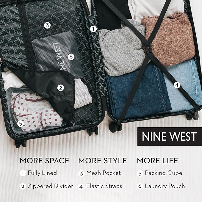 Nine West Suvi 32 Inch Expandable Luggage for Extended Trips & Cruises, Large Hardshell Suitcase with 360° Spinner Wheels, Lightweight Rolling Travel Case Midnight Black