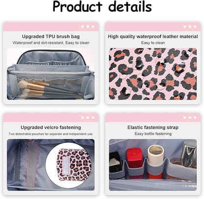 BOYATU Travel Makeup Bag for Women: 3 Pcs Set Portable Make up Bags with Handle - Leopard Print Cosmetic Bags with Comparments - Waterproof Vegan Leather Toiletry Bag (A-1-Pink)