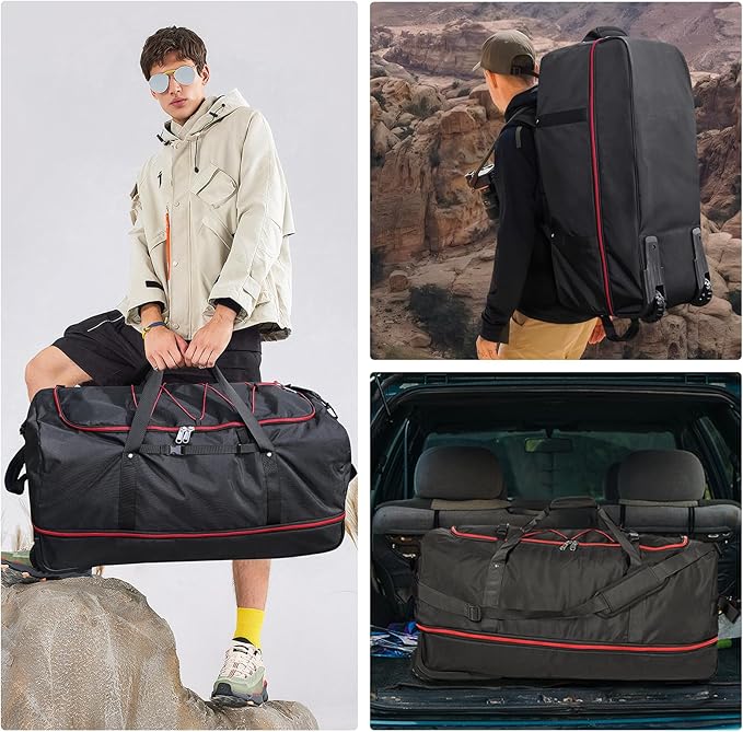 32” 1680D Oxford Foldable Duffle Bag with 2 Wheels,110L to 140L Expandable Soft Sided Rolling Travel Bag,Black-red