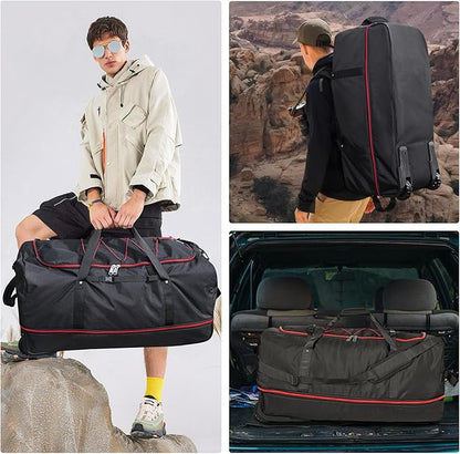 32” 1680D Oxford Foldable Duffle Bag with 2 Wheels,110L to 140L Expandable Soft Sided Rolling Travel Bag,Black-red