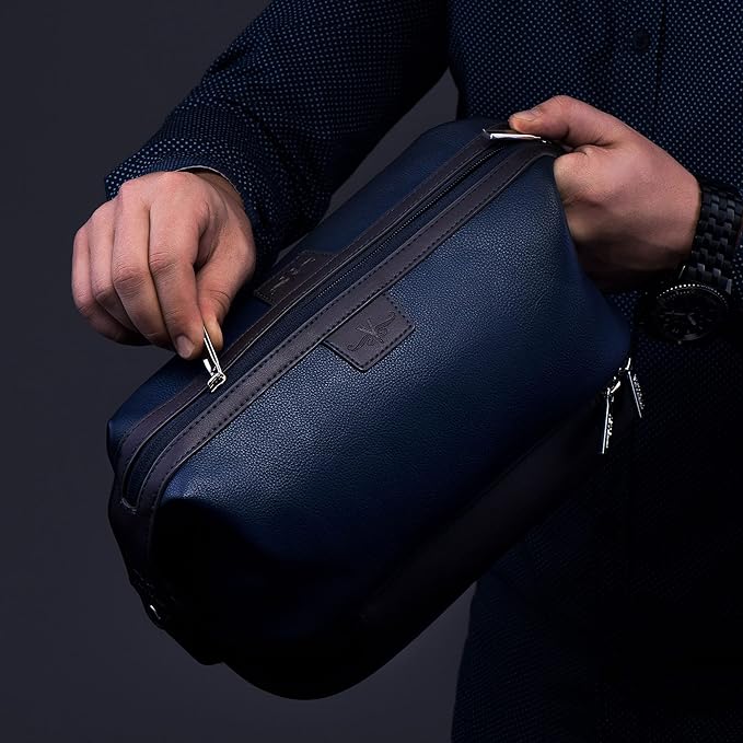 Vetell Leo Large Leather Men's Travel Toiletry and Shaving Case Bag with Upper and Lower Zippered Compartments, 3 Interior Loops and Carrying Handles
