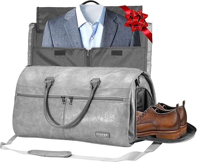 STOVER Garment Travel Duffle Bag, Large 2-in-1 Convertible Carry-on Luggage for Men & Women- Hanging Suits, Dresses & Clothes + Shoe Compartment- Weekender Tote Combo Duffel (Grey Leatherette)