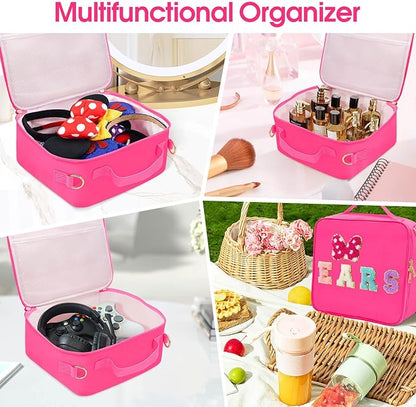 Chenille Letter Bow Mouse Ears Travel Case, Park Ears Headband Holder Hair Accessories Organizer Bag for Girls Women Kids Adults, Large Makeup Bag Snack Bags with Zipper for Travel Picnic - Rose Red