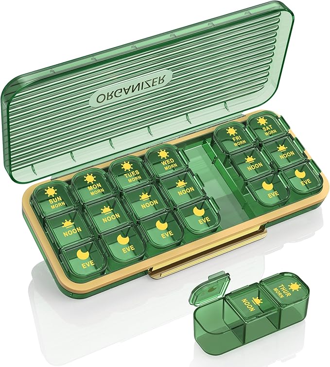 Pill Organizer 3 Times A Day, 7-Day Pill Box 3 Times A Day - Acedada Weekly Medicine Box Organizer, 7 Detachable Portable Daily Pill Container Dispenser Case for Vitamins Fish Oils Supplements, Green